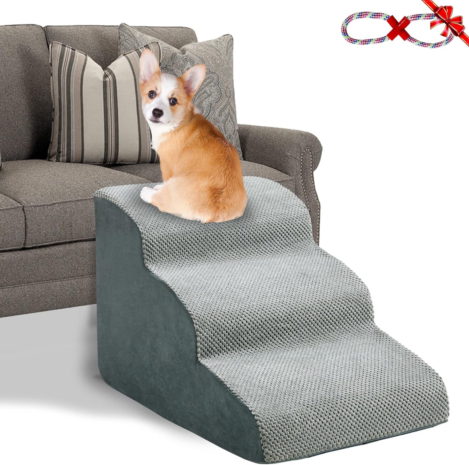 MALOROY Foam Dog Ramps, Dog Stairs Ladder Pet Ramp Stairs Non-Slip Pet Step for Older Dogs, Pet with Joint Pain, Sofa Bed Ladder for Cats (Grey)