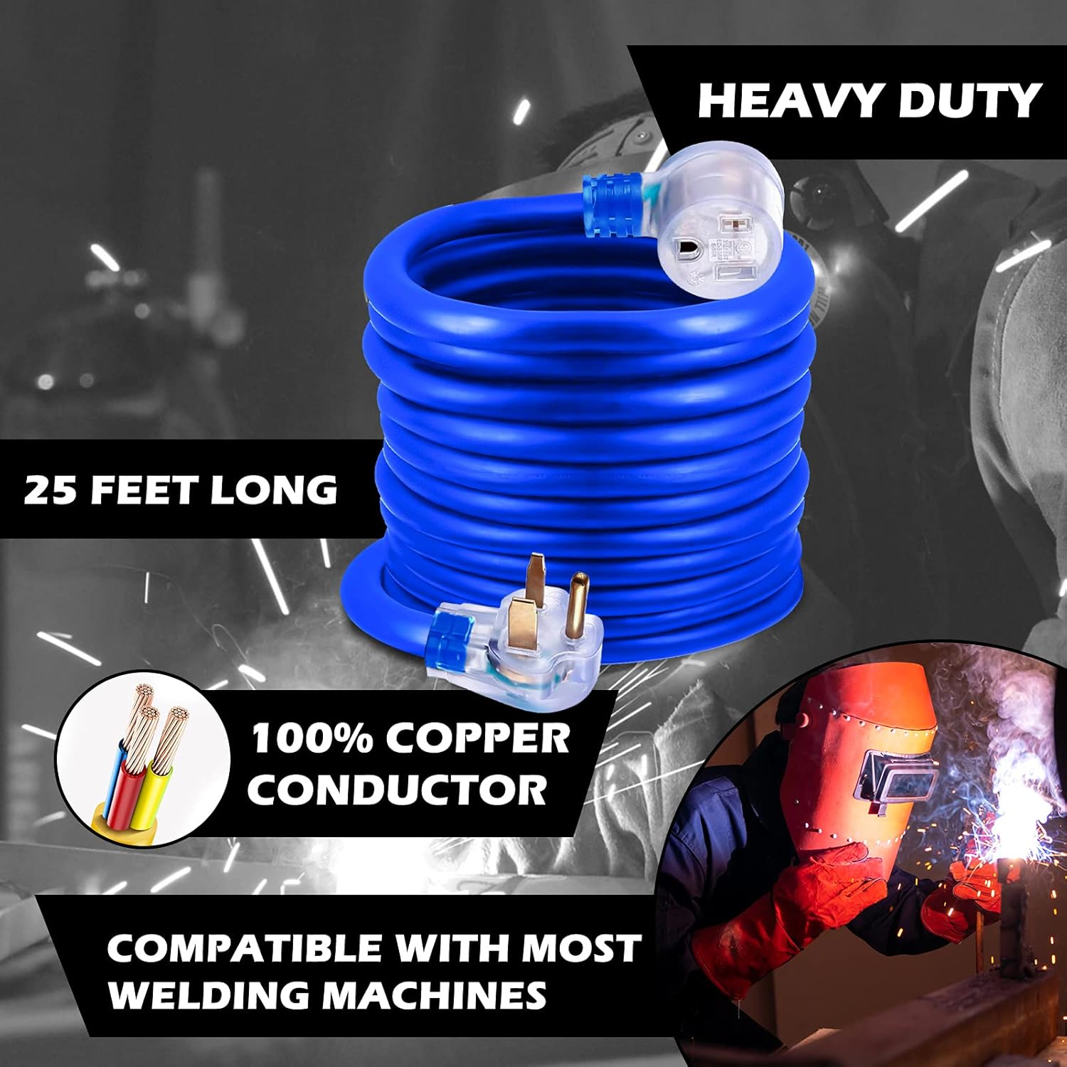HZXVOGEN Power Extension Cord Welder Extension Adapter 50A 25FT 6-50R Female 6-50P Male Prong Heavy Duty Electric Extension Wire Generator Arc Stick MMA MIG TIG Welding Machine Cable-25FT