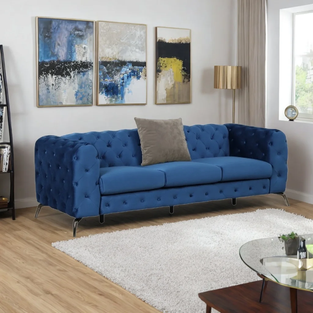 85.5" Velvet Upholstered Sofa with Sturdy Metal Legs,Modern Sofa Couch with Button Tufted Back, 3 Seater Sofa Couch for Living Room,Apartment,Home Office (Blue)