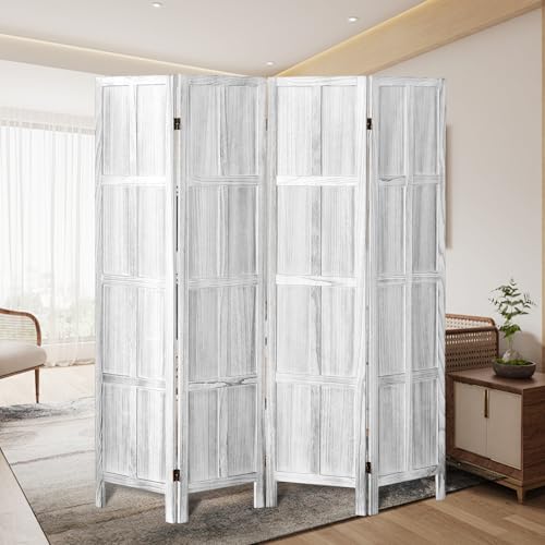 Wood Room Divider 4 Panel, 5.6 FT Tall Room Divider and Folding Privacy Screen, Partition Divider for Room Separation, Wooden Wall Divider Screen for Home Office Bedroom (Retro White)