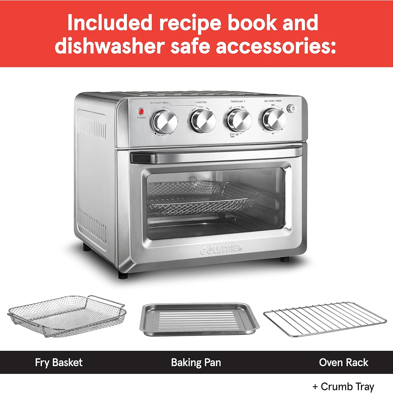 Gourmia Toaster Oven Air Fryer Combo 7-in-1 cooking functions 1550 watt air fryer oven 19.8L capacity air fryer accessories included convection toaster oven rack, air fryer basket GTF7580