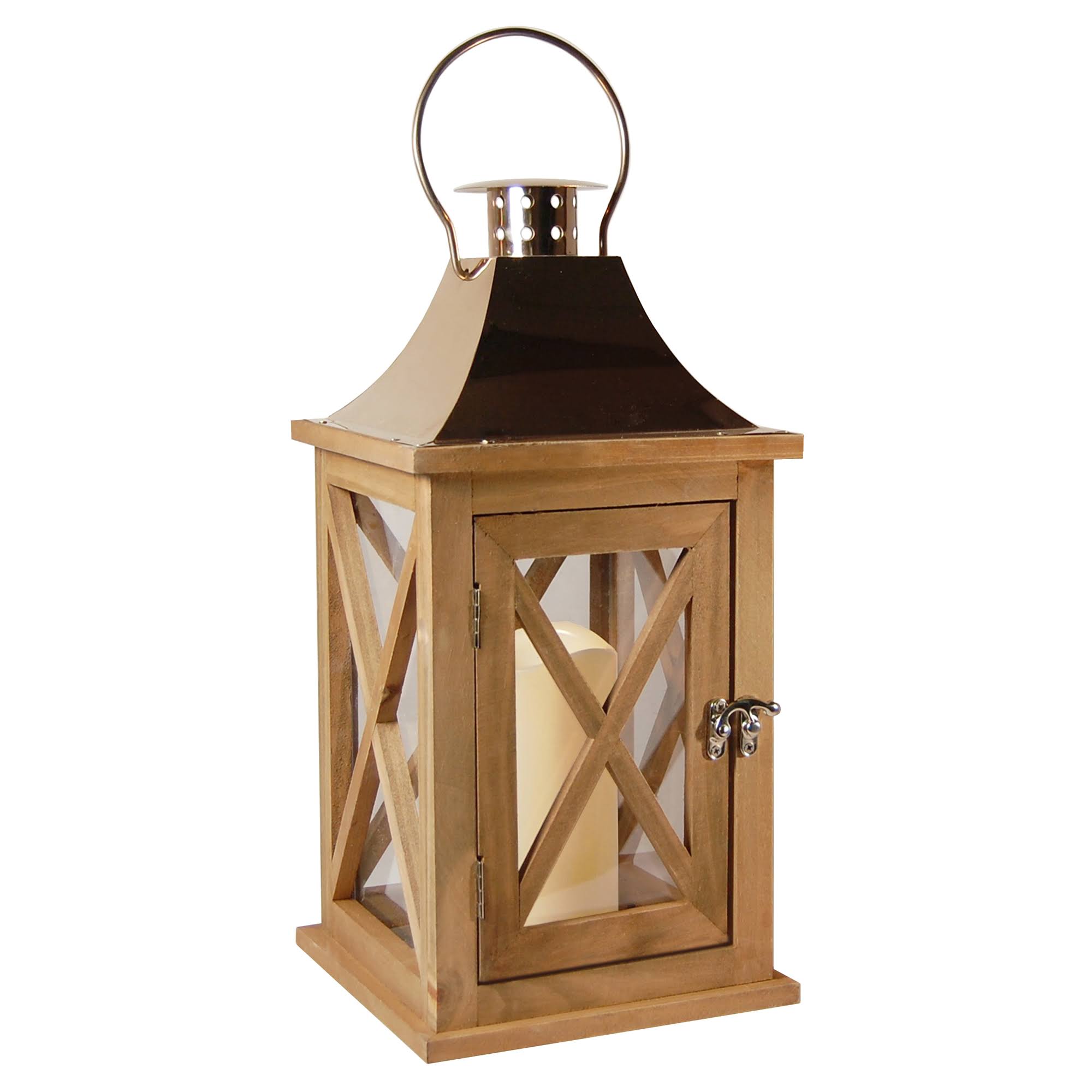 Lumabase Natural Wooden Lantern with Copper Roof and LED Candle - Brown