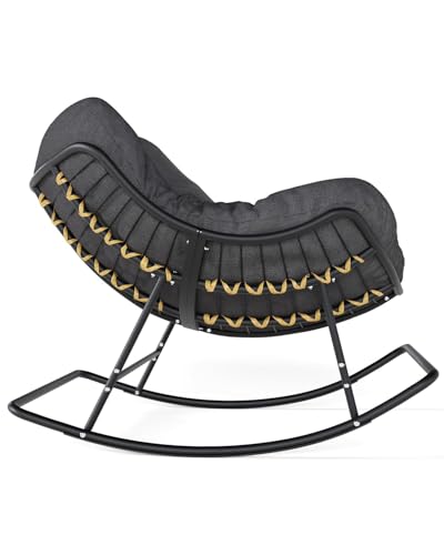 SWITTE Papasan Rocking Chair Outdoor Indoor, Oversized Egg Wicker Rocker with Cushion, Supports 450 lbs, Patio Chair for Balcony or Living Room - Gray