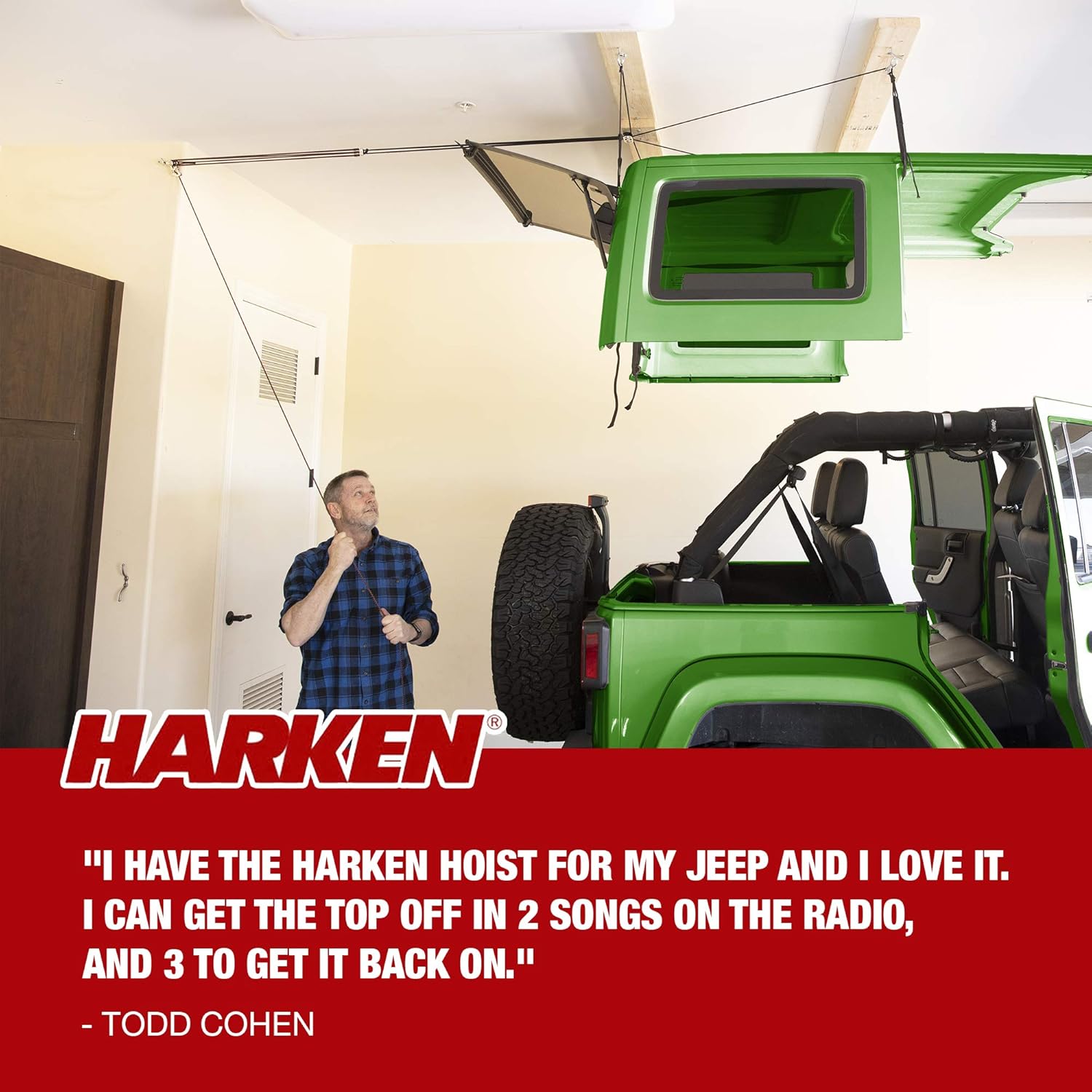 HARKEN - Hardtop Overhead Garage Storage Hoist for Jeep Wrangler and Ford Bronco, Self-Leveling, Safe Anti-Drop System, Easy One-Person Operation, (Bonus T Knobs for Quick Hard Top Removal)