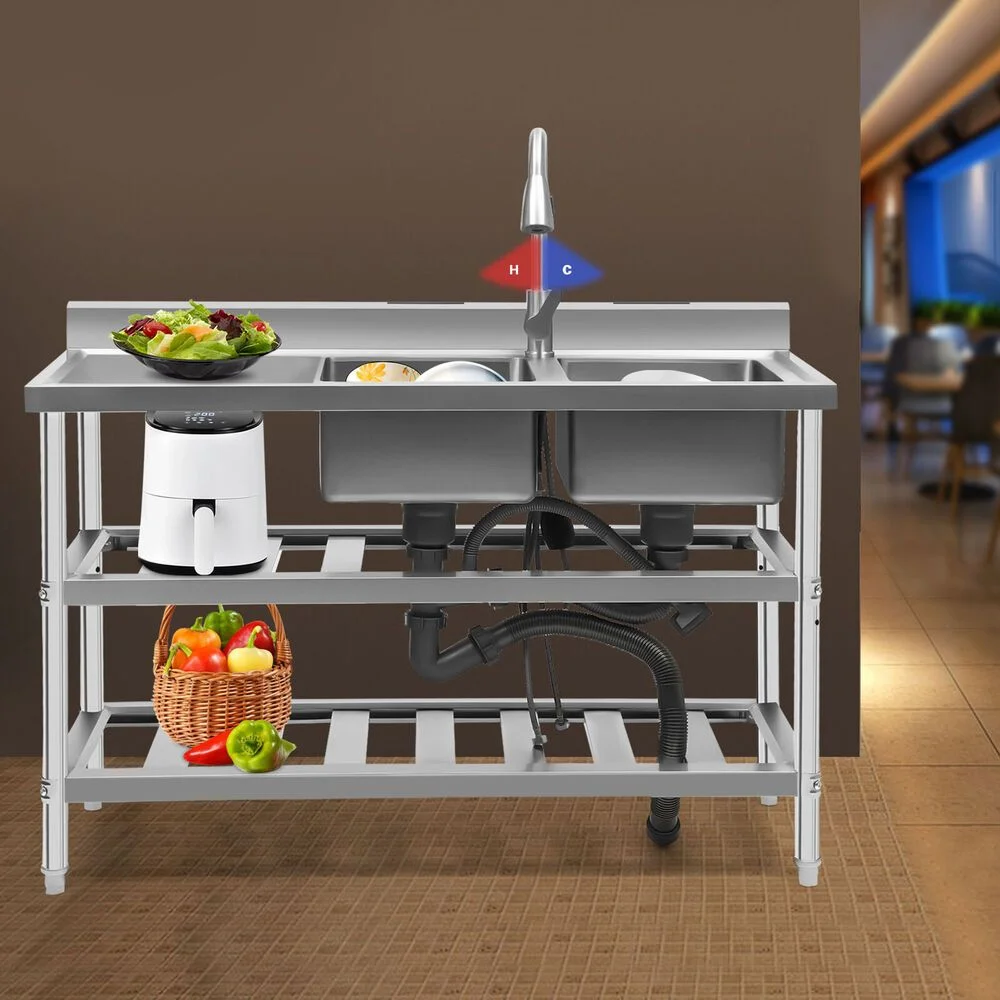 Commercial Restaurant Kitchen Sink Double Bowl Sink With 2 Shelves 201 Stainless Steel Utility Sink Free-standing Sink & Faucet Combo With Strainer (Double Bowl) - Curated Treasures Market