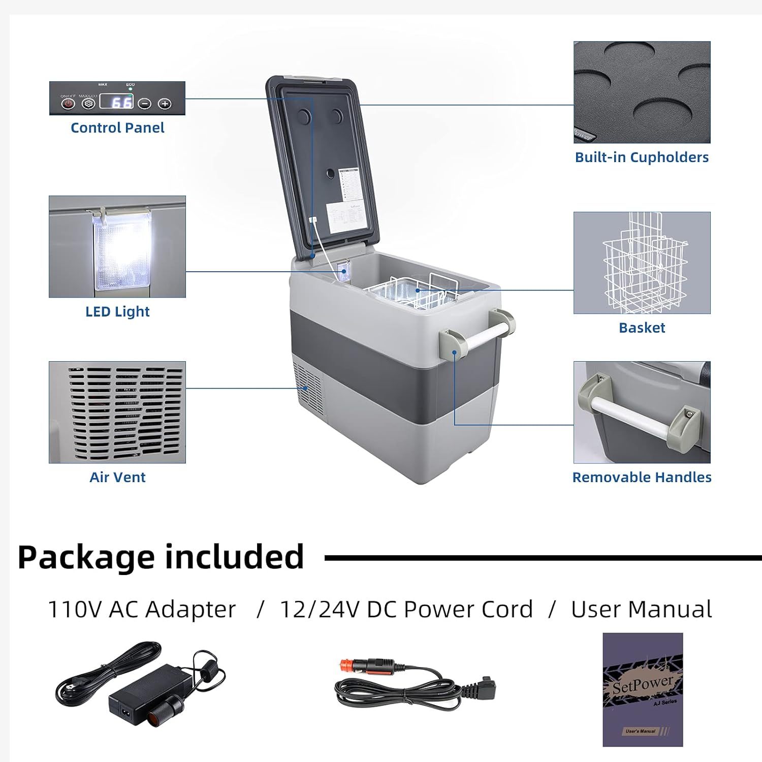 SetPower AJ50 Portable Refrigerator, Car Refrigerator, Portable Fridge Freezer, 12 volt Cooler, Car Fridge, Compact Refrigerator with 3-YEAR Warranty, 12/24V DC and 120-240V AC, Car and Home Use