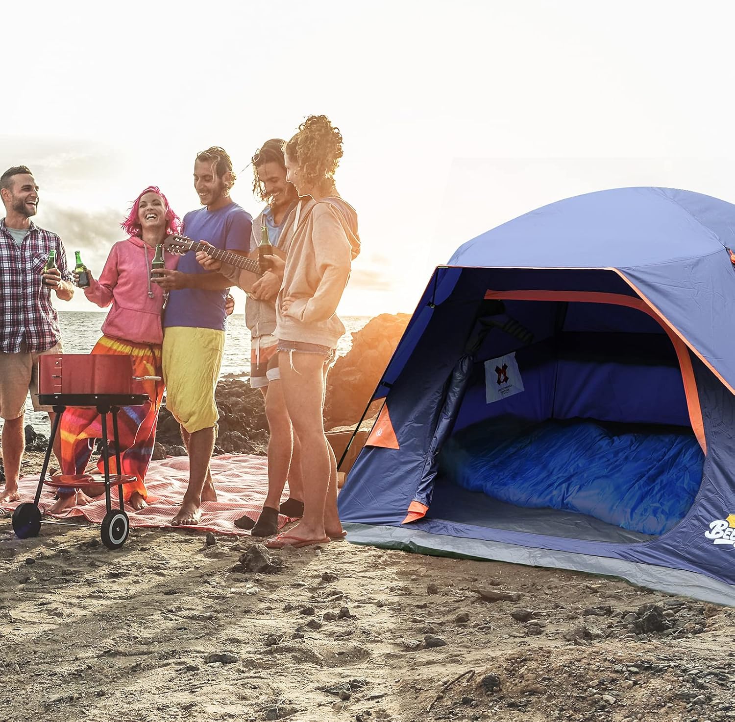 Beesky Waterproof Camping Tents 4 Person Windproof Family Tent with Removable Top Rain-Fly, Large Mesh Windows, Easy Set Up, Portable Carry Bag