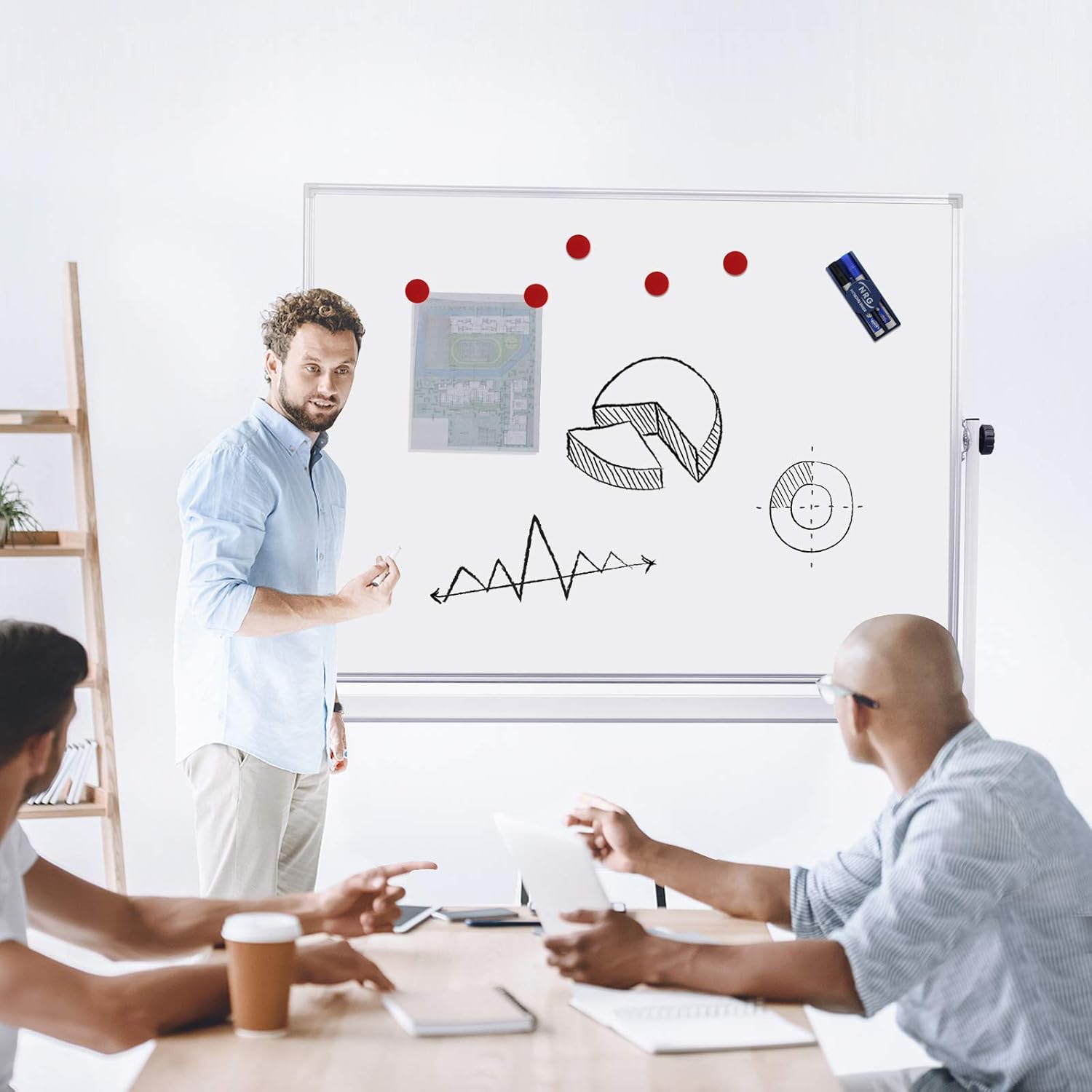 Mobile Whiteboard with Stand - 48x36 Height Adjustable Double Sided Dry Erase Board, 360° Rolling Large White Board on Wheels, Magnetic Whiteboard with Pen Tray for Meeting, Training by CALENBO