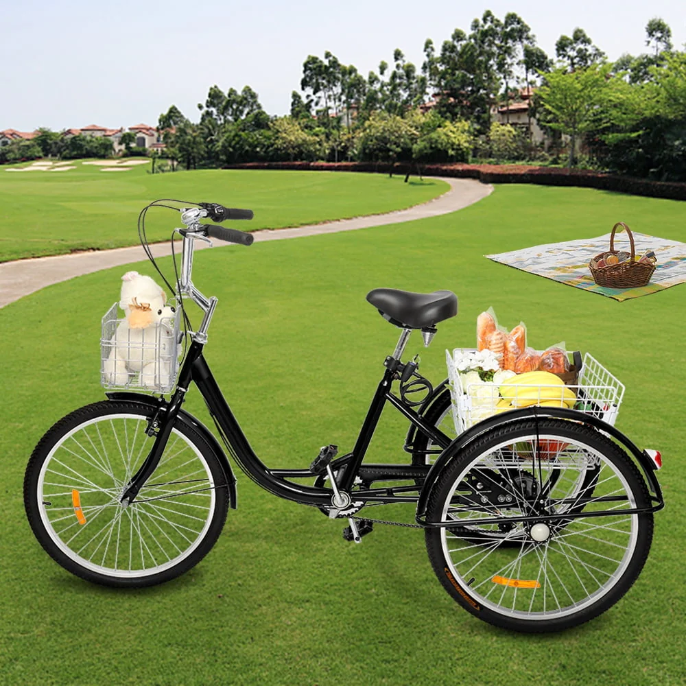 OverPatio Adult Tricycle 7 Speed, 24 Three Wheel Bikes, for Seniors, Adults, Women, Men, Black