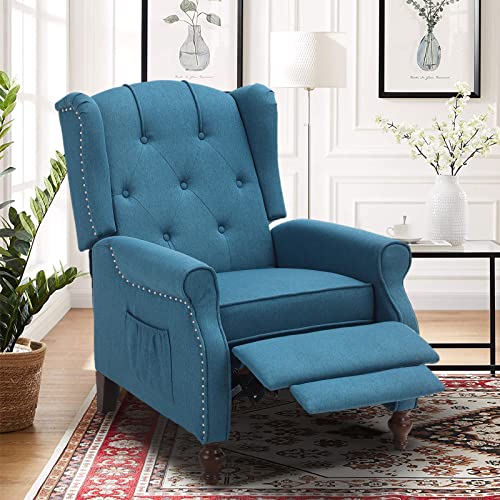 Wingback Recliner Chair with Massage and Heat, Tufted Fabric Pushback Recliner Chair, Wingback Chair with Remote Control, Padded Cushion, Wooden Legs, Small Recliners for Small Spaces