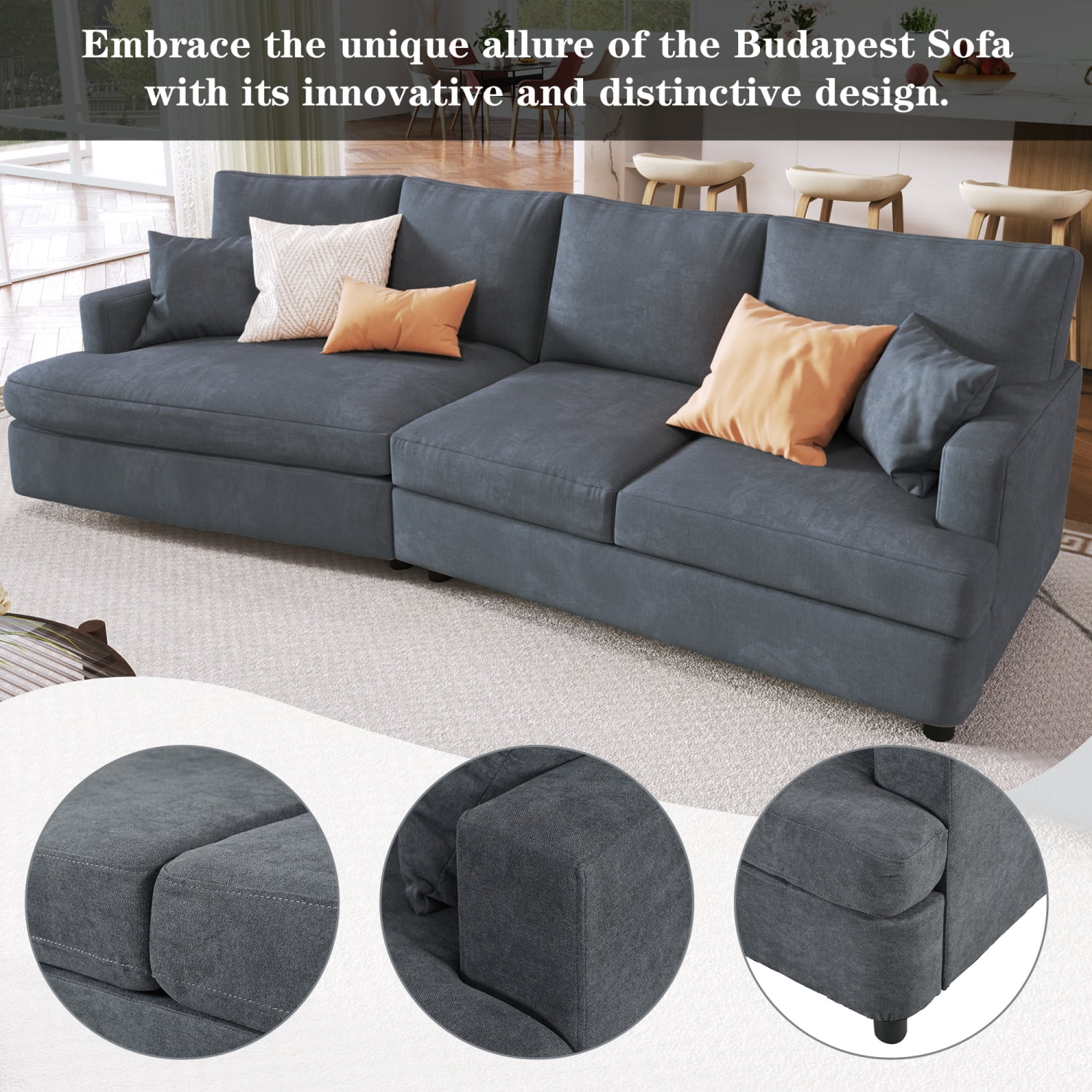 Churanty Modern 3 Seat Sectional Sofa Upholstered Curved Couch with Pillows for Living Room Apartment,Gray