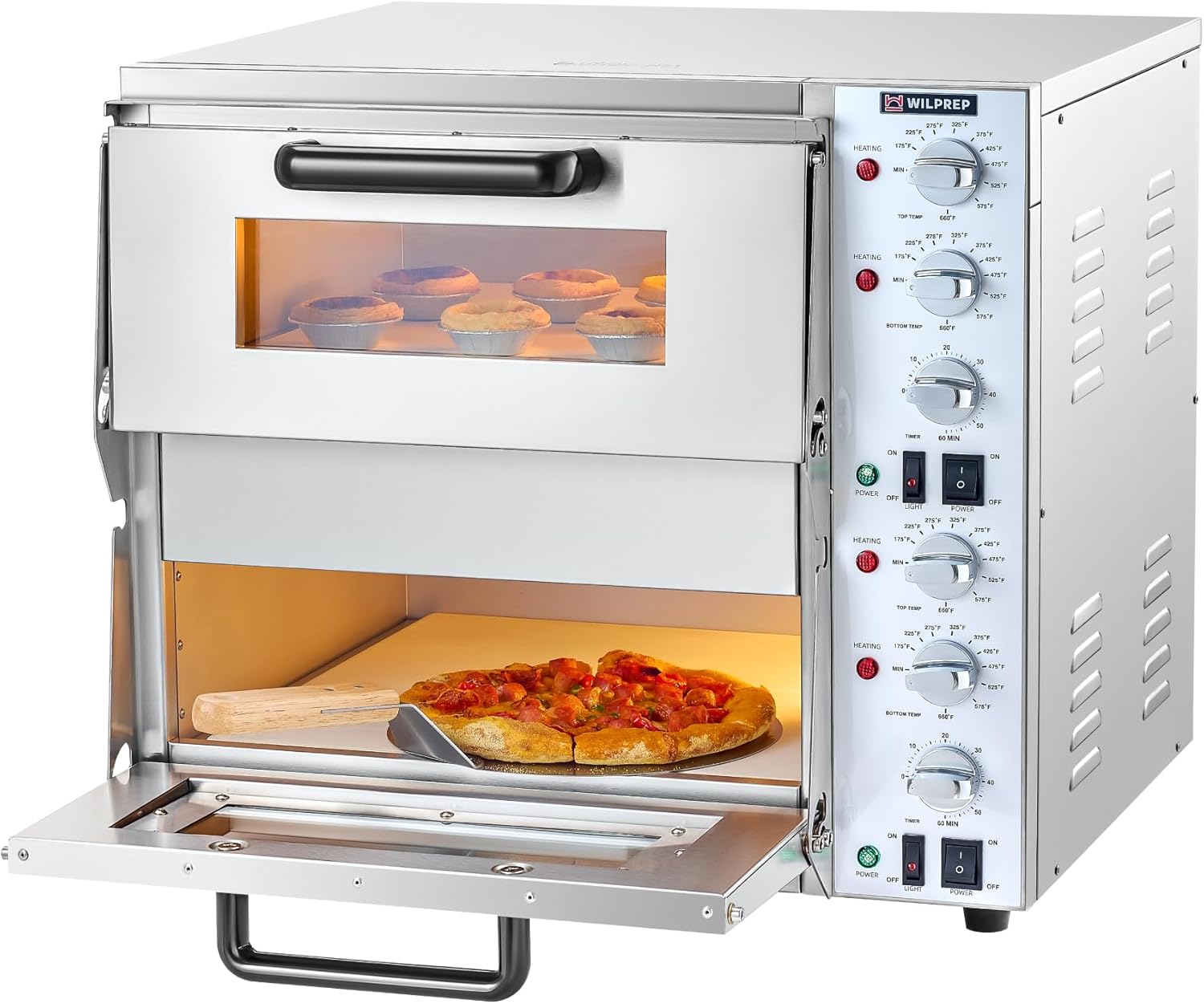 Countertop Pizza Oven for 16" Pizza, Single Deck Commercial Pizza Oven with Pizza Stone, 1.6kW Electric Pizza Oven with Adjustable Temp. Timer for Restaurant (16'' Double Deck Layer)