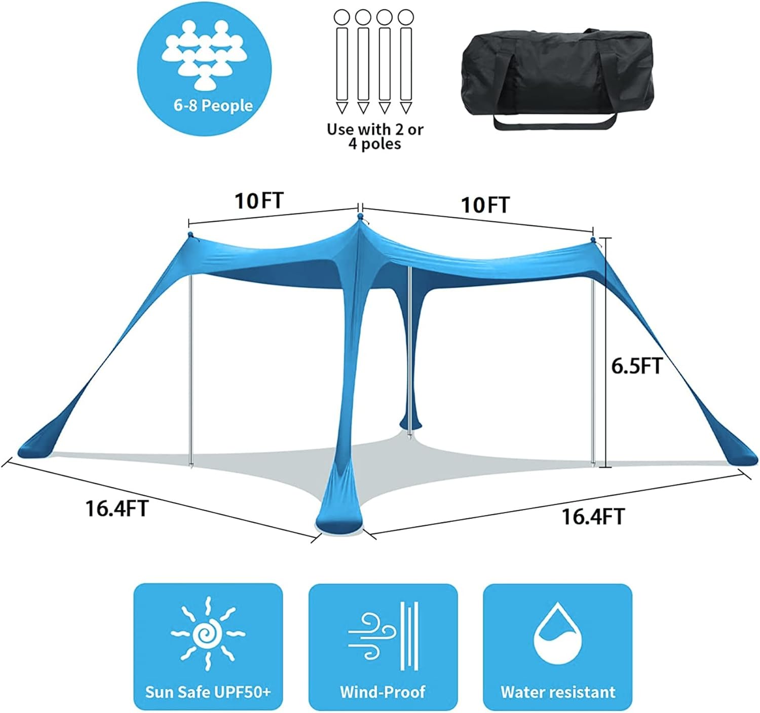 Beach Tent Sun Shade UPF50+ - Pop Up Beach Canopy Sun Shelter with 4 Foldable Stability Poles,Carry Cag, 2 Windbreak Cords,Ground Pegs and 1 Shovel,10&times;10FT in Beach Blanket for Outdoor Family Camping