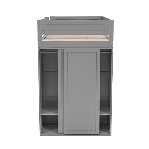 Full Size Loft Bed with Storage Wardrobe and Desk Wooden Loft Beds Frame with Drawers and Cabinet Wood High Loft Beds with Ladder for Kids Teens Adults, White