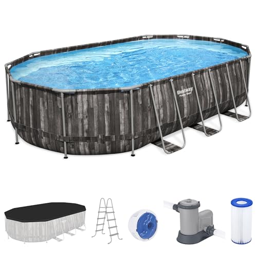 Bestway Power Steel 16' x 10' x 42" Rectangular Metal Frame Above Ground Swimming Pool Set with 1000 GPH Filter Pump, Ladder, and Pool Cover