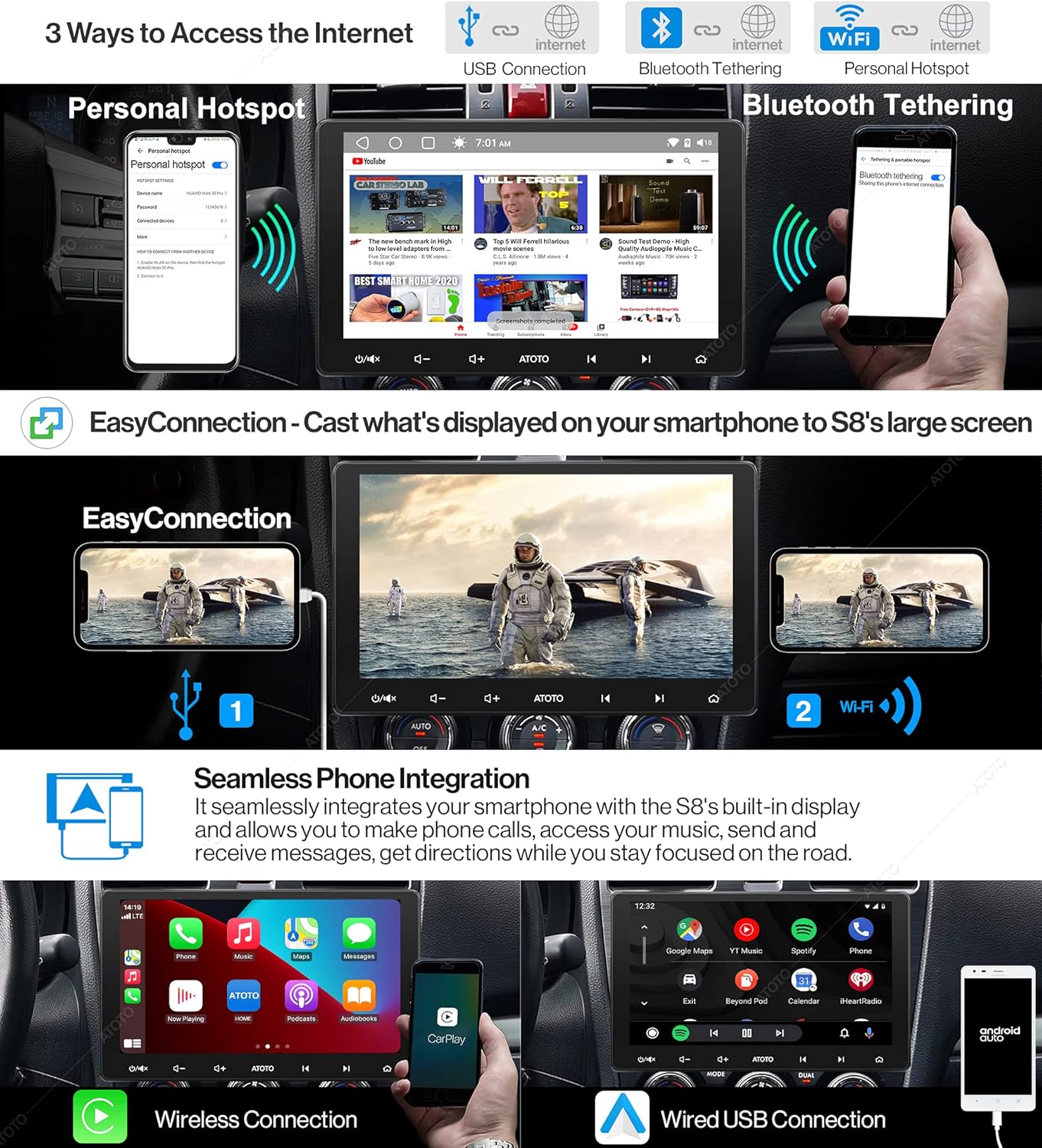 ATOTO S8 Premium 10 inch Double-DIN Car Stereo, Android Car in-Dash Navigation, Wireless CarPlay & Android Auto, 2BT w/aptX HD, QLED Display, USB Tethering, 3G+32G, HD VSV Parking with LRV, S8G2114PM