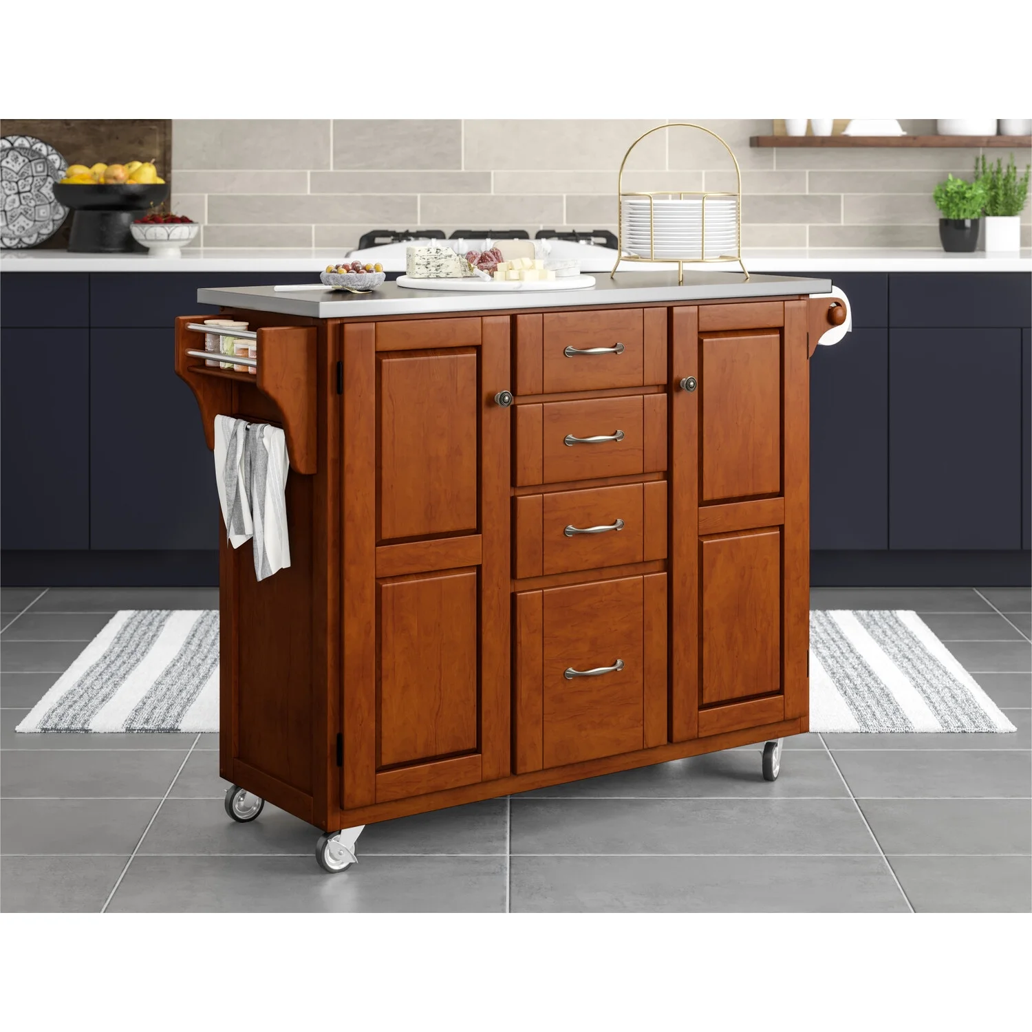 Homestyles Create-a-Cart Solid Wood Kitchen Cart in Cherry/Stainless Steel Top