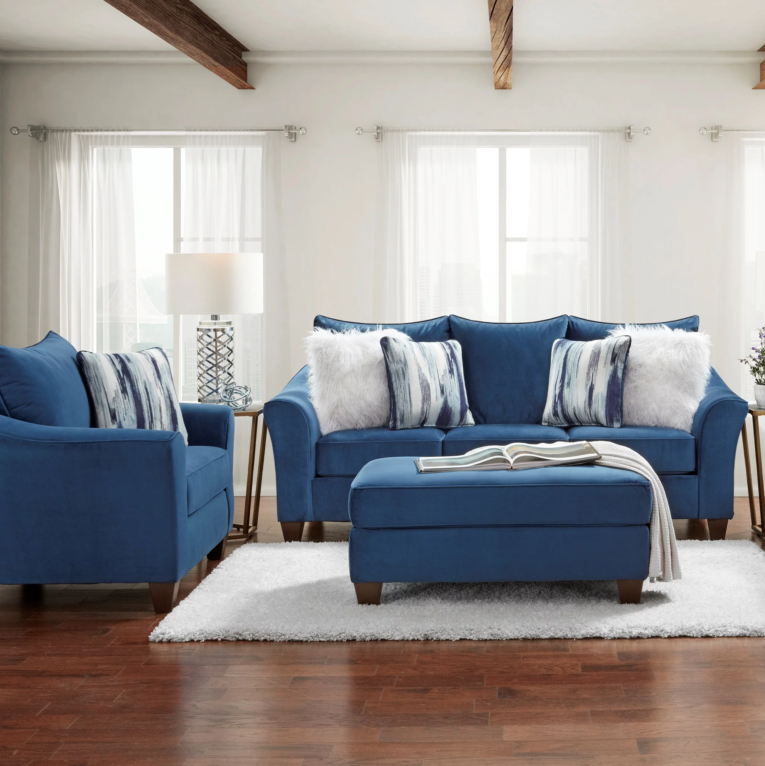 Roundhill Furniture Camero Pillowback 3-Piece Sofa Set, Fabric, Navy Blue