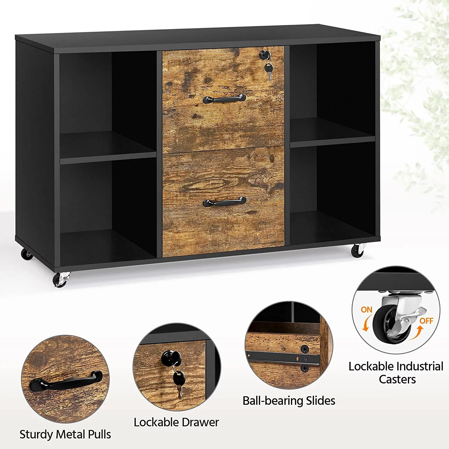 Black Filing Cabinet Large Mobile Storage Lateral Filing Cabinet with 2 Drawer and 4 Open Compartments,for Letter Size A4 Size, Printer Stand for Home Office, Black - Curated Treasures Market