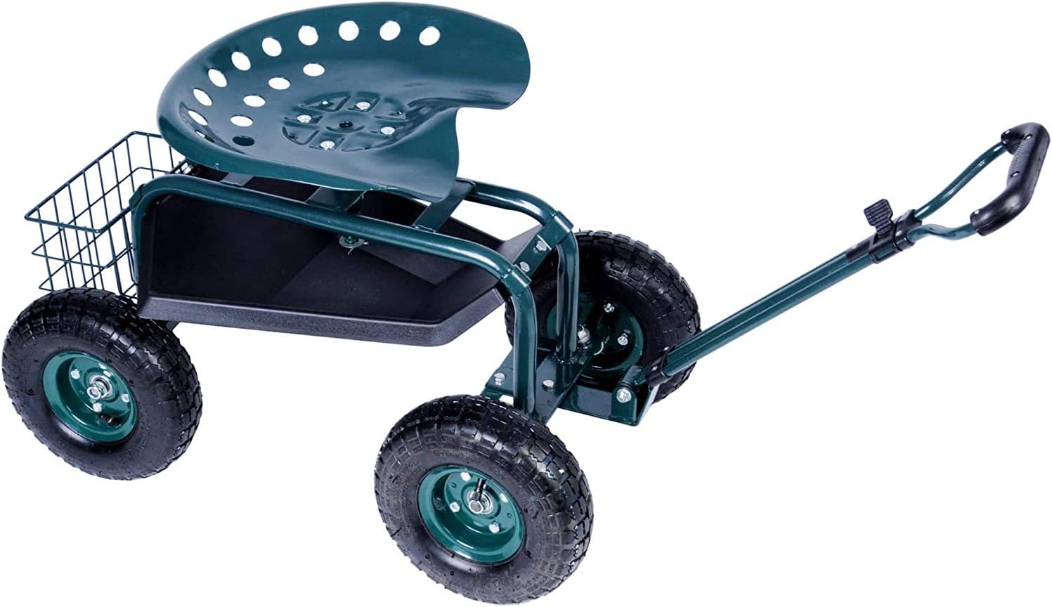 Dporticus Rolling Garden Steerable Tool Cart Scooter with Extendable Steer Handle,360 Swivel Seat and Tool Storage Basket, Green