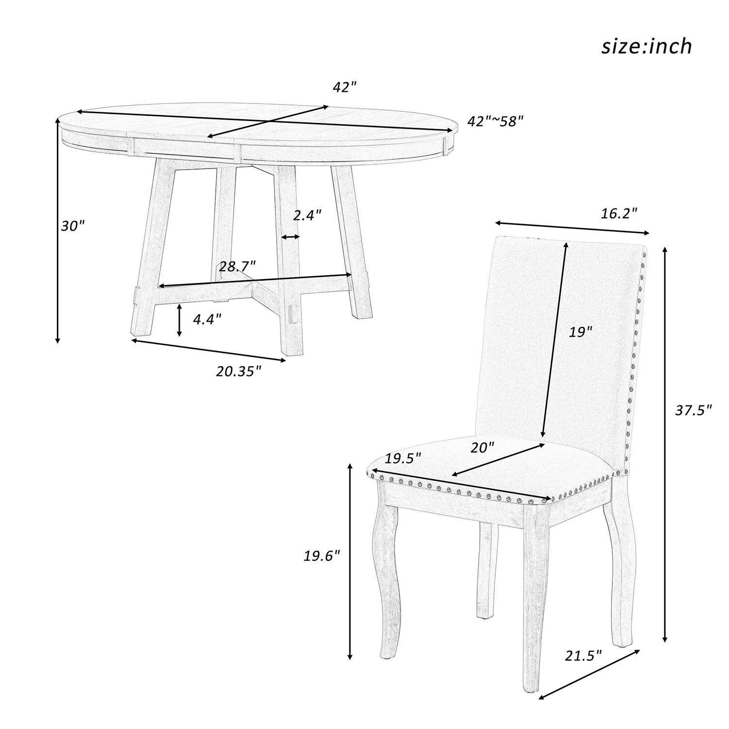 Churanty 5 Piece Farmhouse Dining Table Set Wood Round Extendable Dining Table and 4 Upholstered Dining Chairs,Oak Natural Wood + Antique White