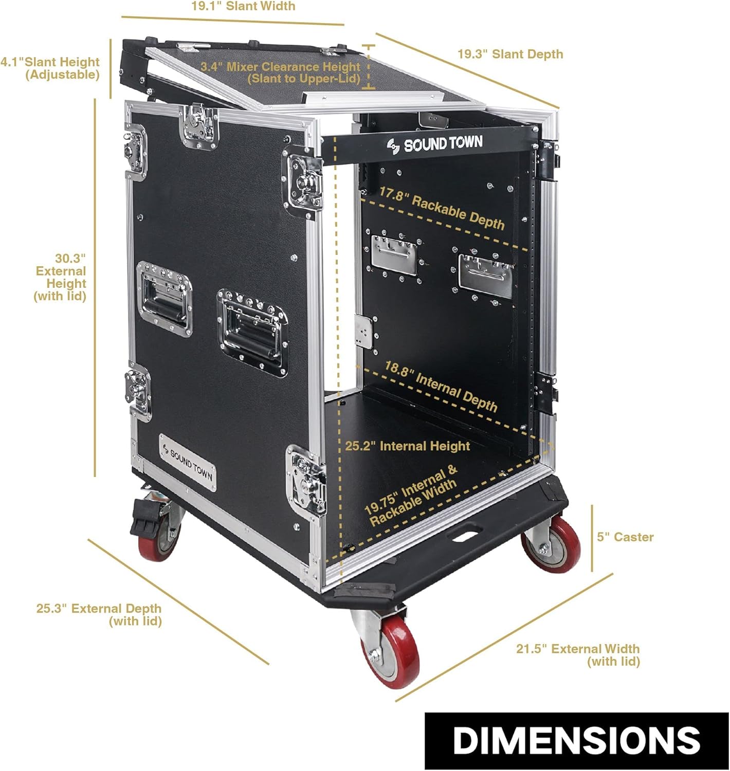 Sound Town 8U PA DJ Pro Audio Rack/Road ATA Case with 13U Slant Mixer Top, 23.5’’ Rackable Depth and Casters, 8 Space Size, Pro Tour Grade (STMR-8UW)