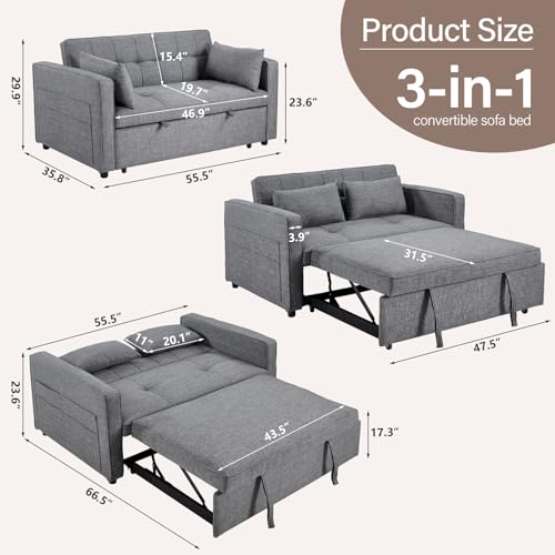 3-in-1 Convertible Sleeper Sofa Bed, Futon Couches with Pullout Bed, 2-Seater Loveseat Sofa with Storage Pockets, Adjustable Backrest and Toss Pillows for Living Room Apartment, Grey