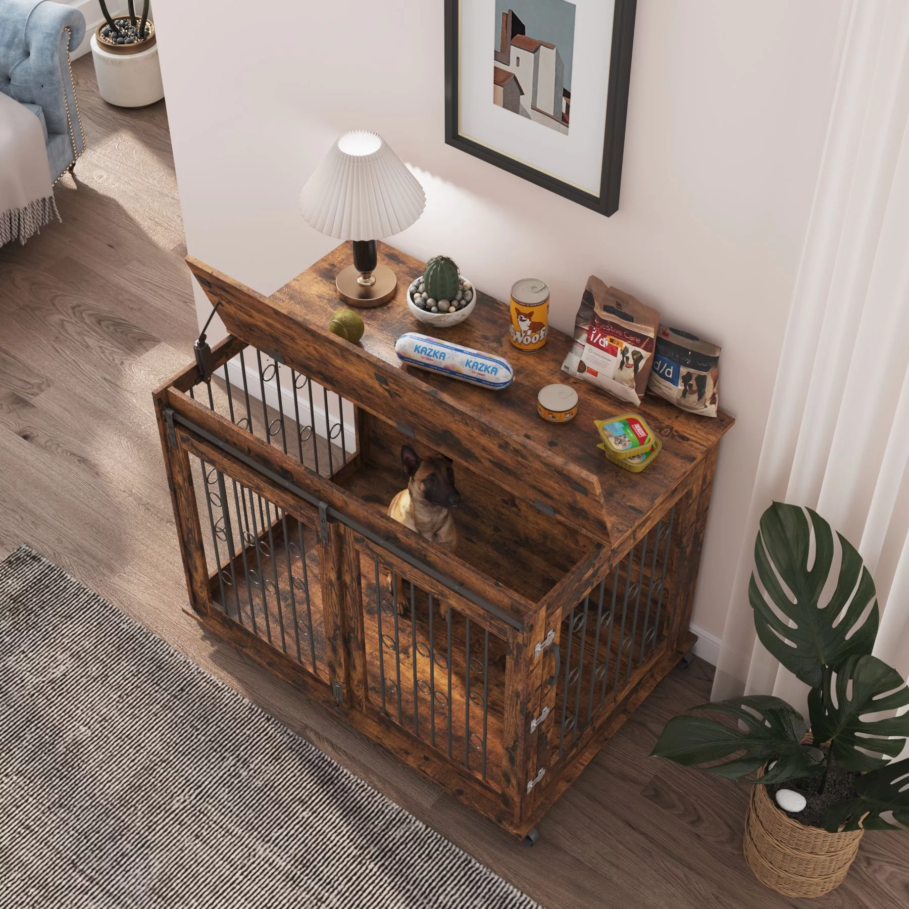 Ouyessir Dog Crate Furniture with Sliding Barn Door,Upgraded Large Wooden Dog Kennel End Table with Wheels and Flip-top Plate Dog House(Rustic Brown)