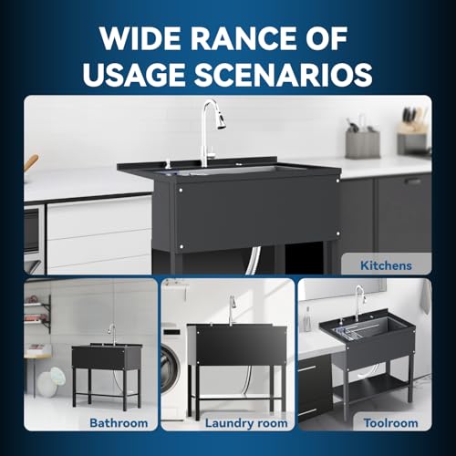 Stainless Steel Utility Sink,24" FreeStanding Laundry&Utility Room Sinks with Cold and Hot Water Faucet,Hoses and Drain Kit Commercial Single Bowl,Laundry Sink for Kitchens, Garage (24x18x36 Black)