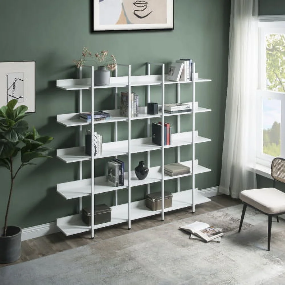 5 Tier Bookcase Home Office Open Bookshelf, Vintage Industrial Style Shelf with Metal Frame, MDF Board,White - Curated Treasures Market