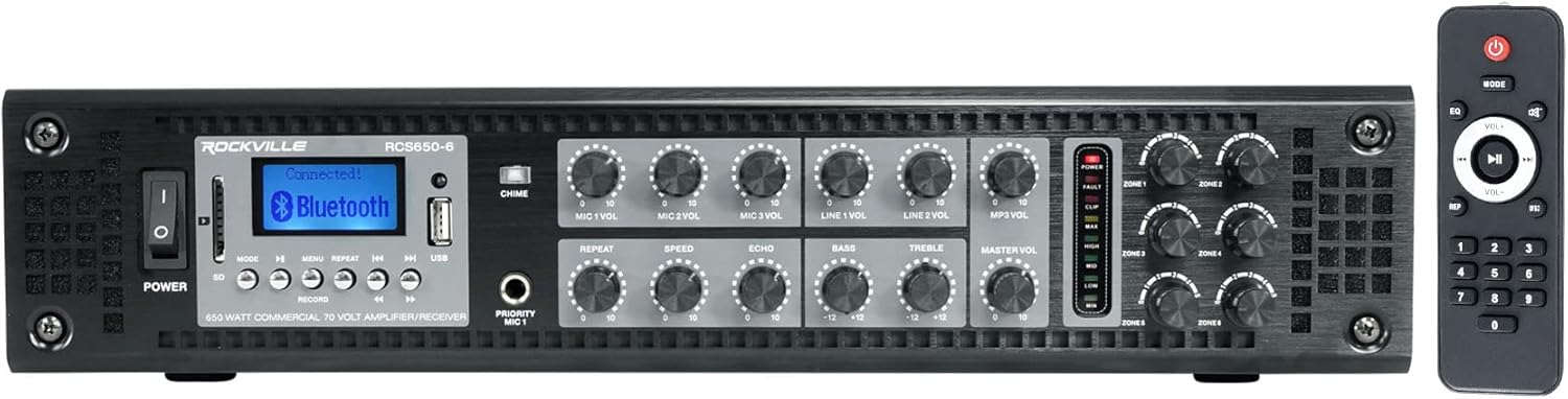 Rockville RCS350-6 350 Watt 6 Zone 70V Commercial/Restaurant Amplifier/Bluetooth
