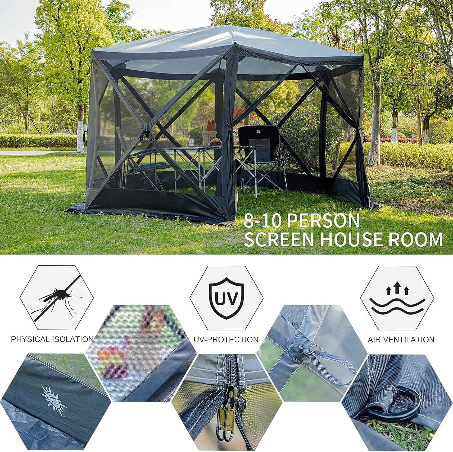 EVER ADVANCED Pop Up Gazebo Screen House Tent for Camping 8-10 Person Instant Canopy Shelter with Netting Portable for Outdoor, Backyard
