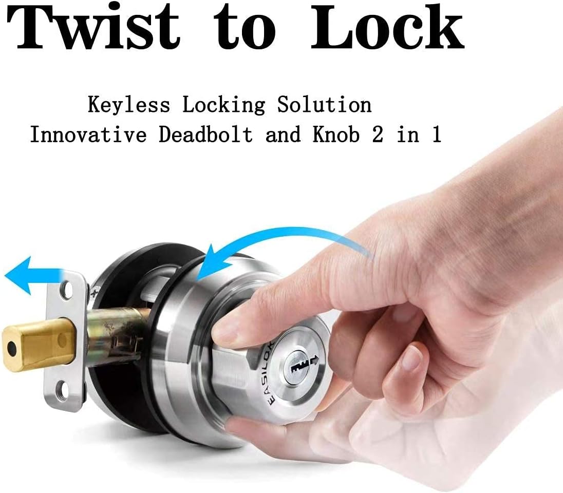 Twist to Lock front door lock keyless with an Unpickable Night Latch can keep deadbolt locked&unlocked status,single cylinder knob lock with an Anti-Mislock Button,3 locks keyed alike (dimple keyway),