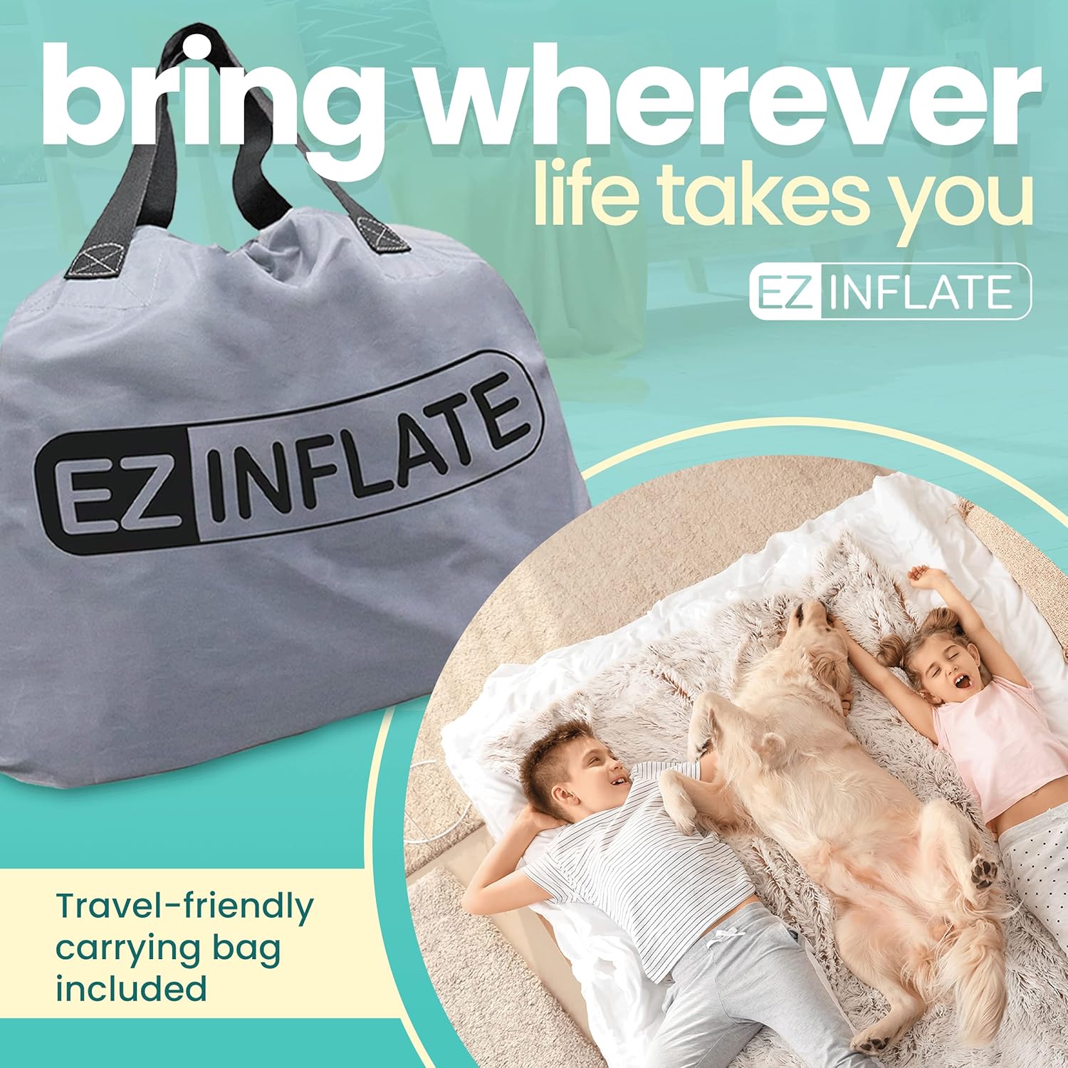 EZ Inflate Air Mattress with Built in Pump - Twin Size Double-High Inflatable Mattress with Flocked Top - Easy Inflate, Waterproof, Portable Blow Up Bed for Camping & Travel