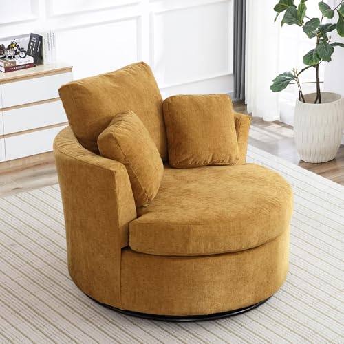 Chair and A Half with Ottoman, 360° Swivel Accent Barrel Chair Modern Comfy Round Reading Sofa Swivel Chairs Circle Lounge Chair for Bedroom Living Room w/4 Pillow Lower Seating Heigh (White, Large)