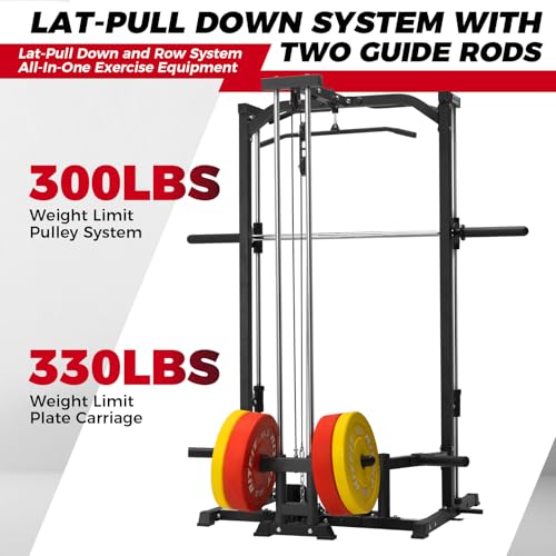 RitFit Smith Machine Power Rack with LAT-Pull Down System, Landmine, Barbell Bar, Plate Storage Pegs and More Training Attachment