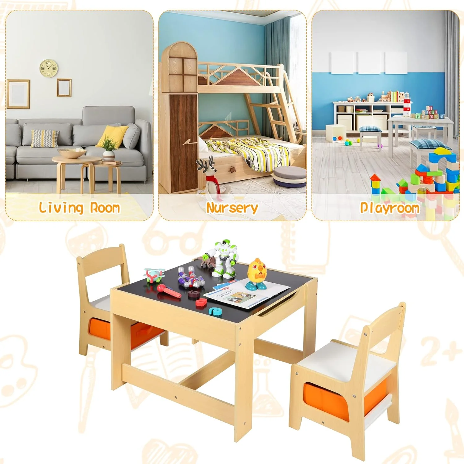 REDCAMP Kids Table and Chair Set, Wooden Activity Table with 2 Chairs,Storage Drawers,Activity Art Table for Toddler Drawing, Reading, Crafts, Play,（Natural）