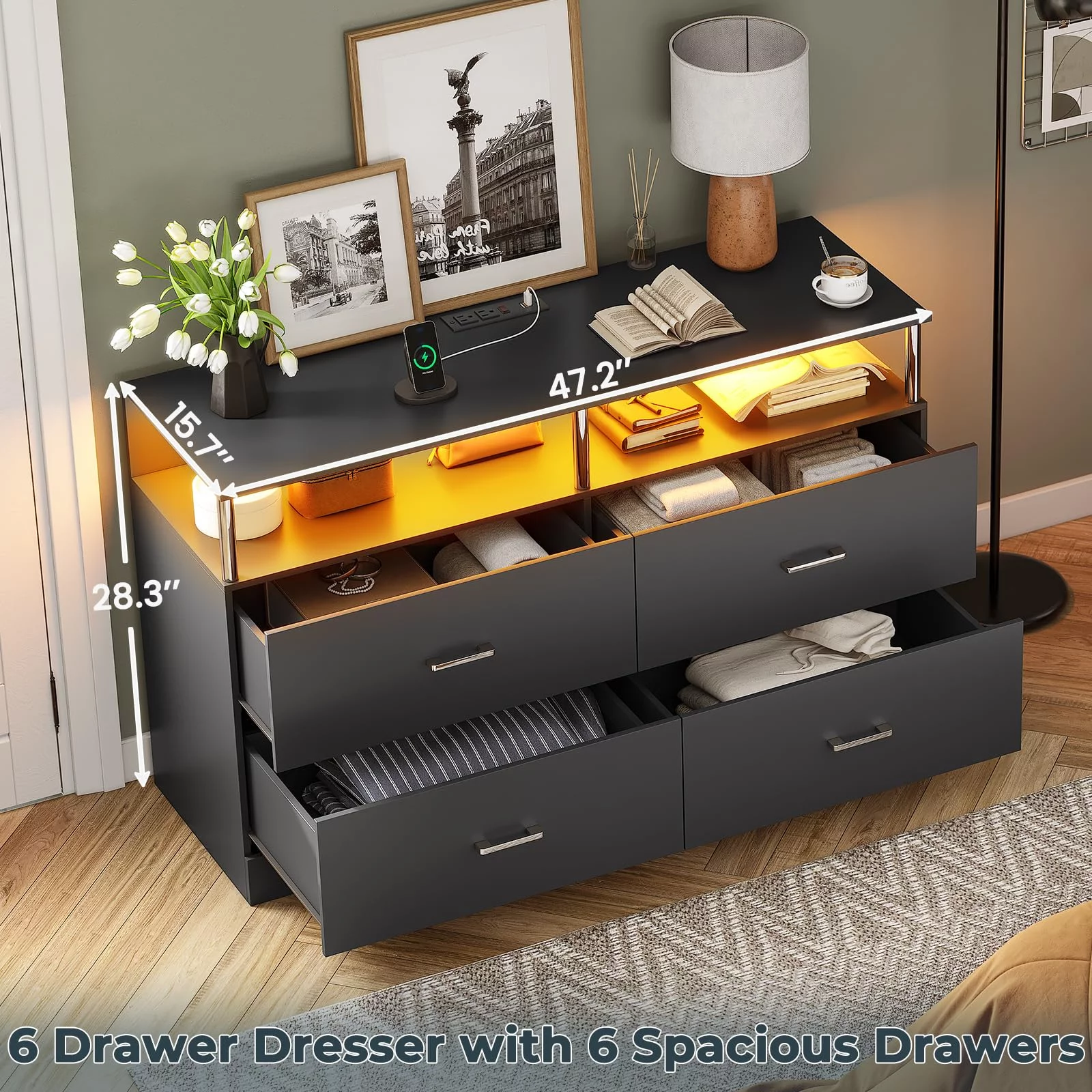 Mabor 4 Drawer Dresser for Bedroom with LED Lights&Charging Station, Modern Black Dresser Chest of Drawers for Living Room Closet