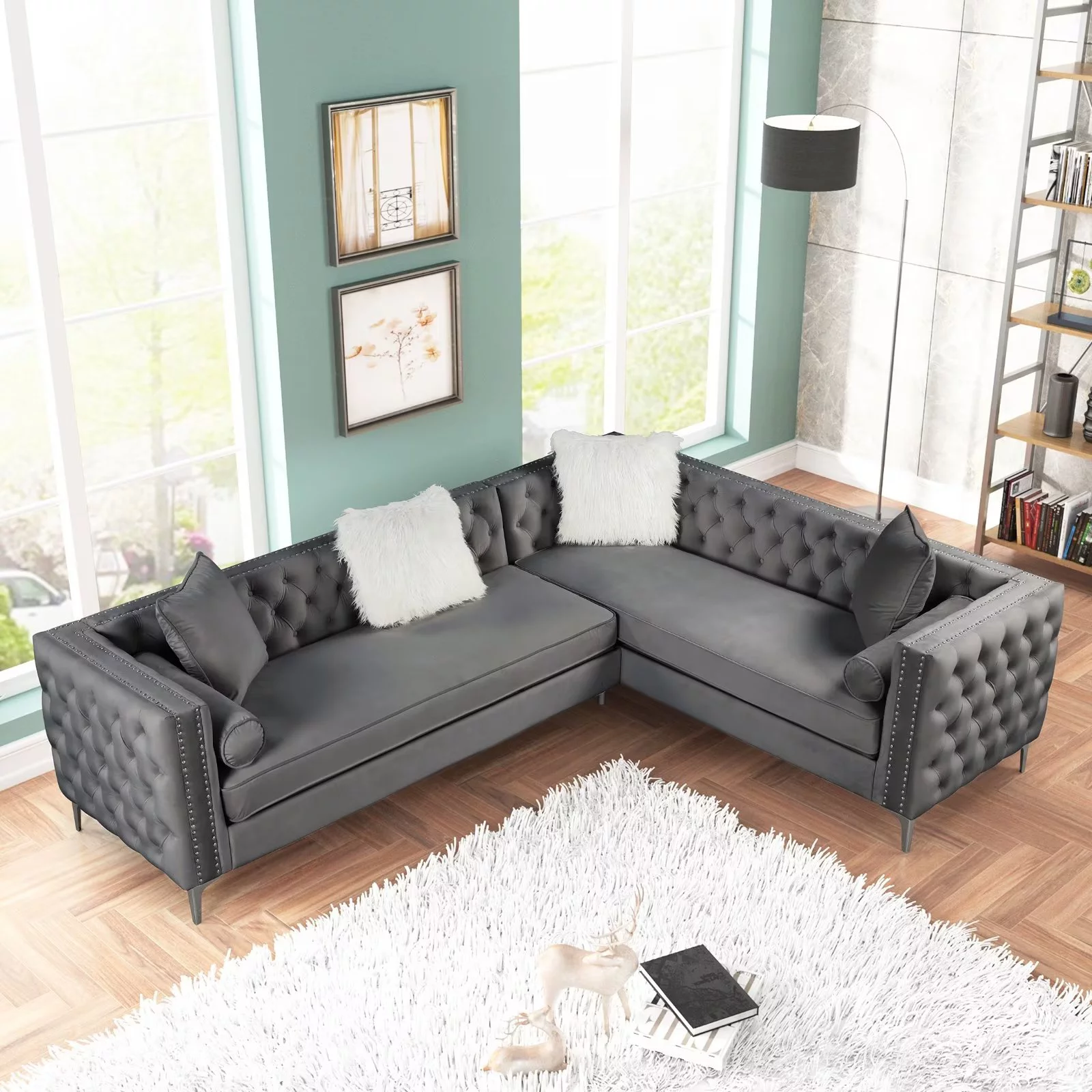 Morden Fort L-Shape Sectional Sofa for Living Room Velvet Corner Couch Sleeper with Pillows Gray