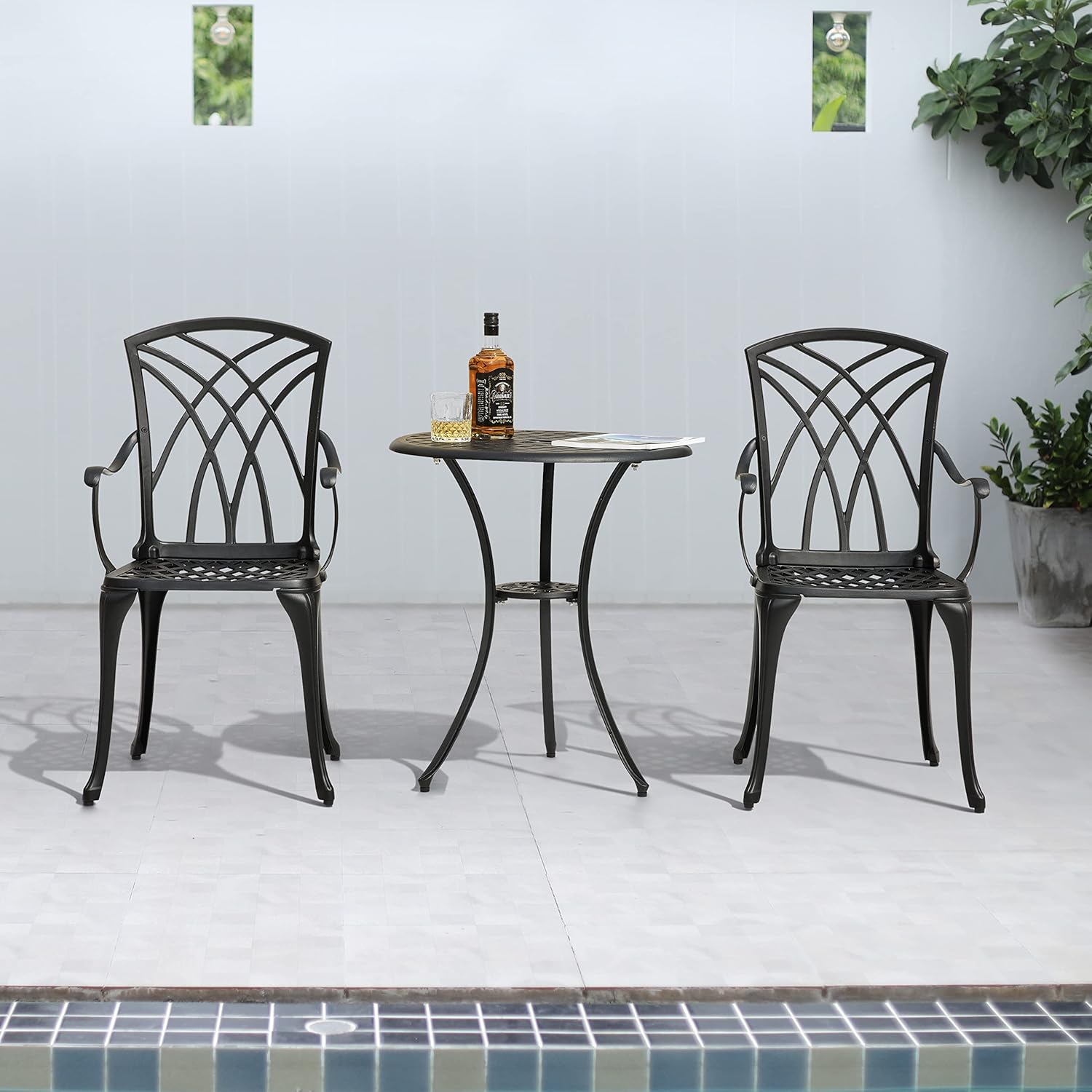 Nuu Garden 3 Piece Patio Bistro Sets Cast Aluminum Bistro Table Set Outdoor Patio Furniture with Umbrella Hole for Patio Balcony, Black