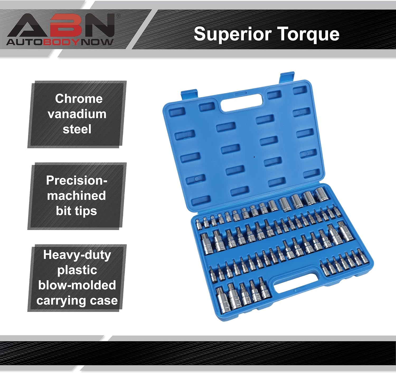 ABN Torx Bit Socket Set - 60 Pc Steel Star Bit Set Tamperproof, Torx Plus, and External Torx Socket Set with Case