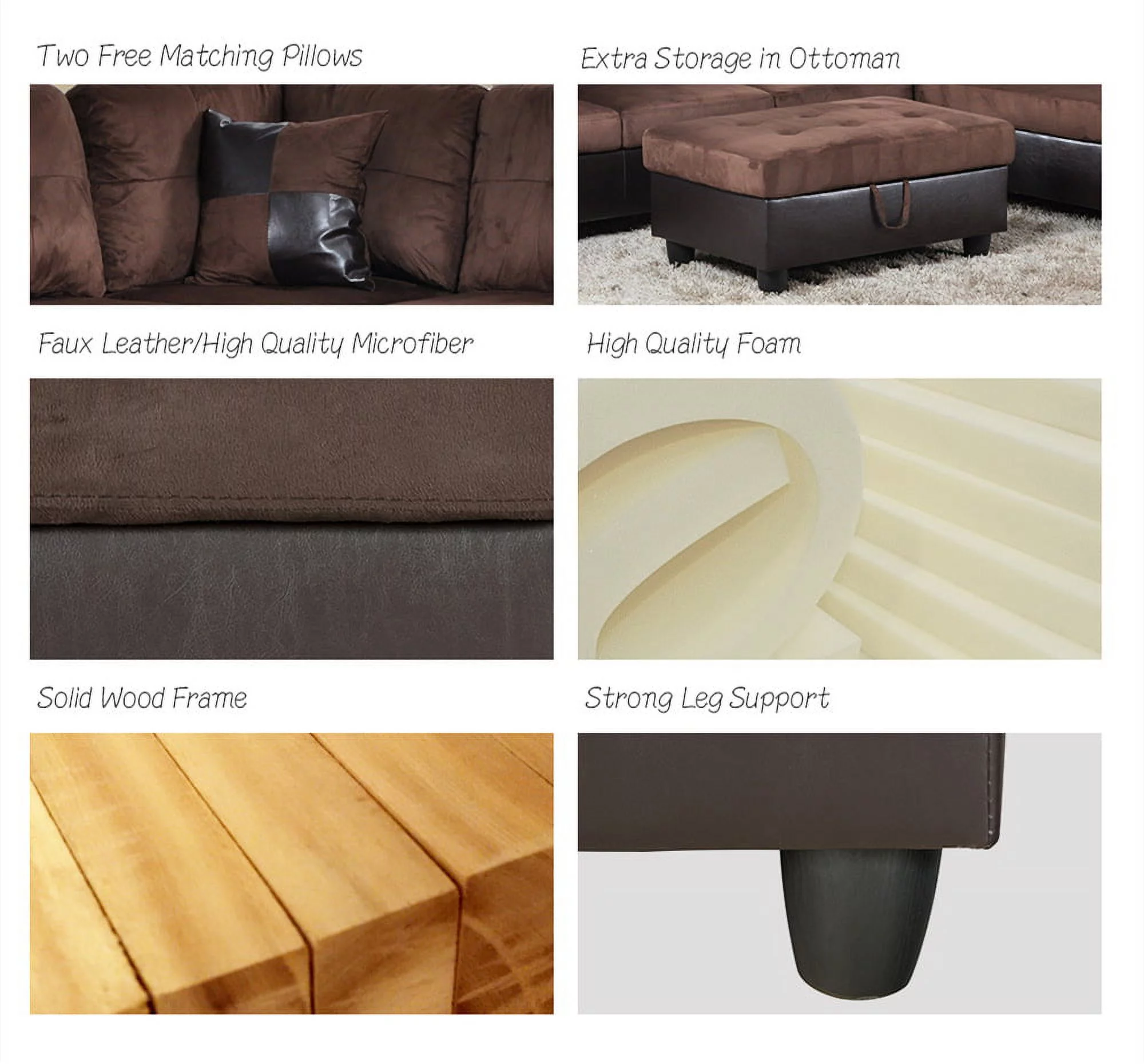 PonLiving Furniture Waverly 103.5'' Right & Left Hand Facing Sectional Sofa with Storage Ottoman, Microfiber & Leather Upholstered