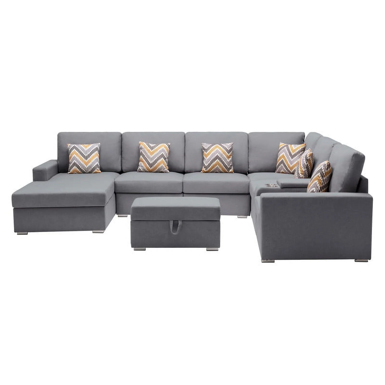 Lilola Home Nolan Linen Fabric 8Pc Reversible Chaise Sectional Sofa with Interchangeable Legs, Pillows, Storage Ottoman, and a USB, Charging Ports, Cupholders, Storage Console Table-Color:Gray