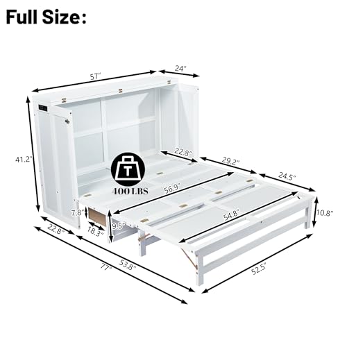 Queen Murphy Bed Cabinet, Murphy Bed Queen with Storage Drawer & Charging Station, USB Port, Solid Pine Wall Beds for Home Office, Studio or Guest Room, White