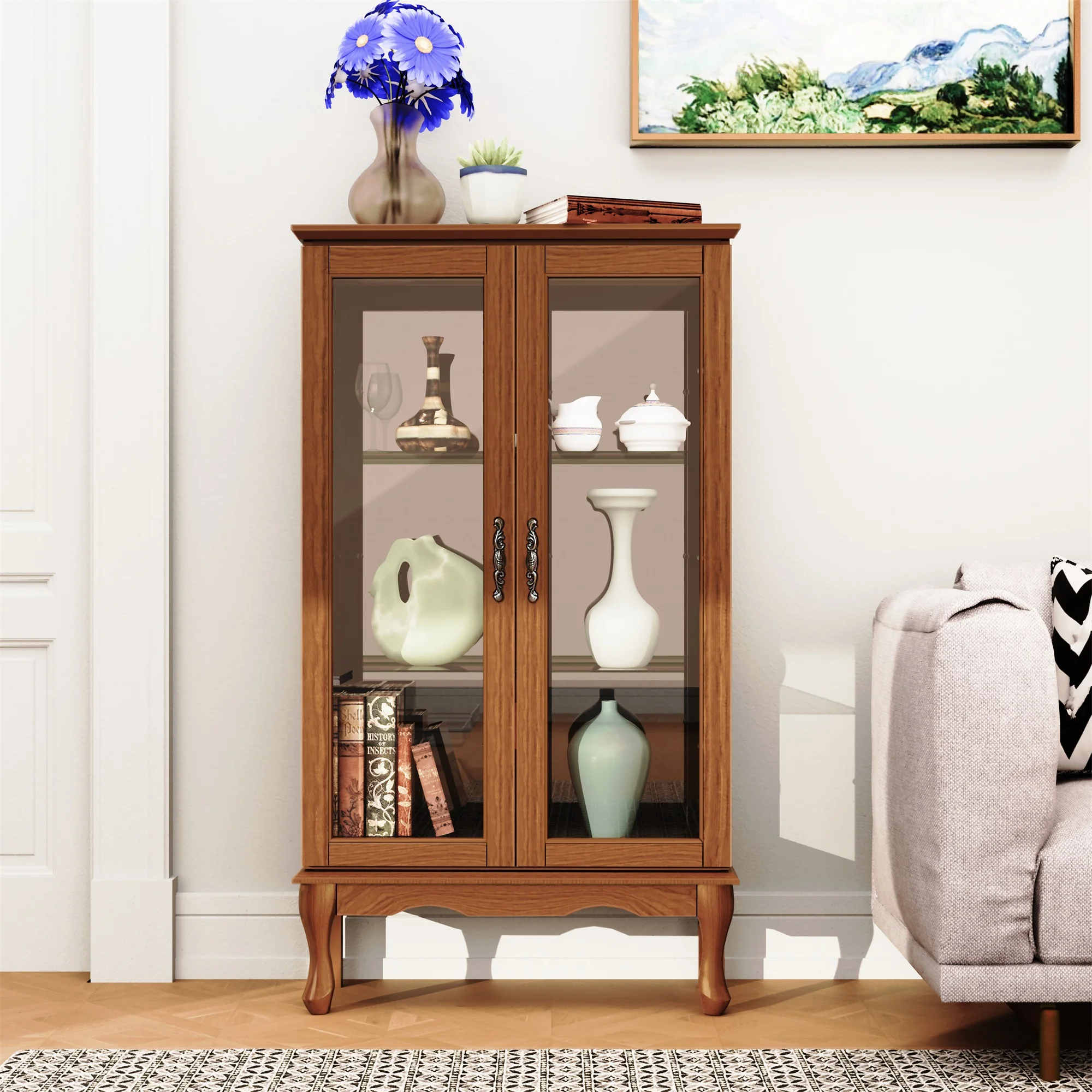 Ufurpie 3 Tier Lighted Curio Display Cabinet with Adjustable Shelves and Tempered Glass Doors,Wooden China Storage Cabinet,Oak