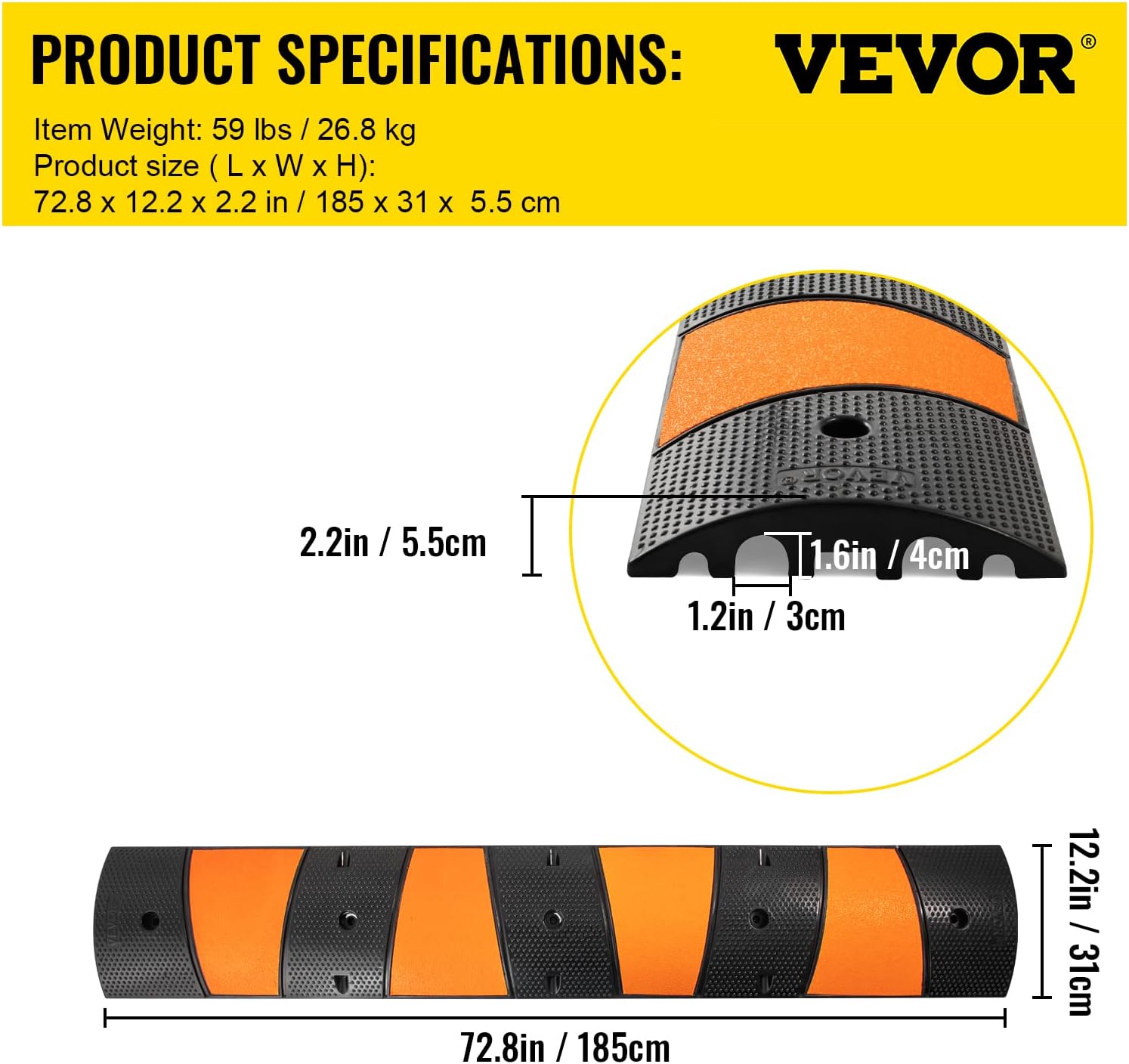 VEVOR Rubber Speed Bump, 2 Pack 2 Channel Speed Bump Hump, 72.8 Long Modular Speed Bump Rated 22000 LBS Load Capacity, 72.8 x 12.2 x 2.2 Garage Speed Bump for Asphalt Concrete Gravel Driveway-6 FT
