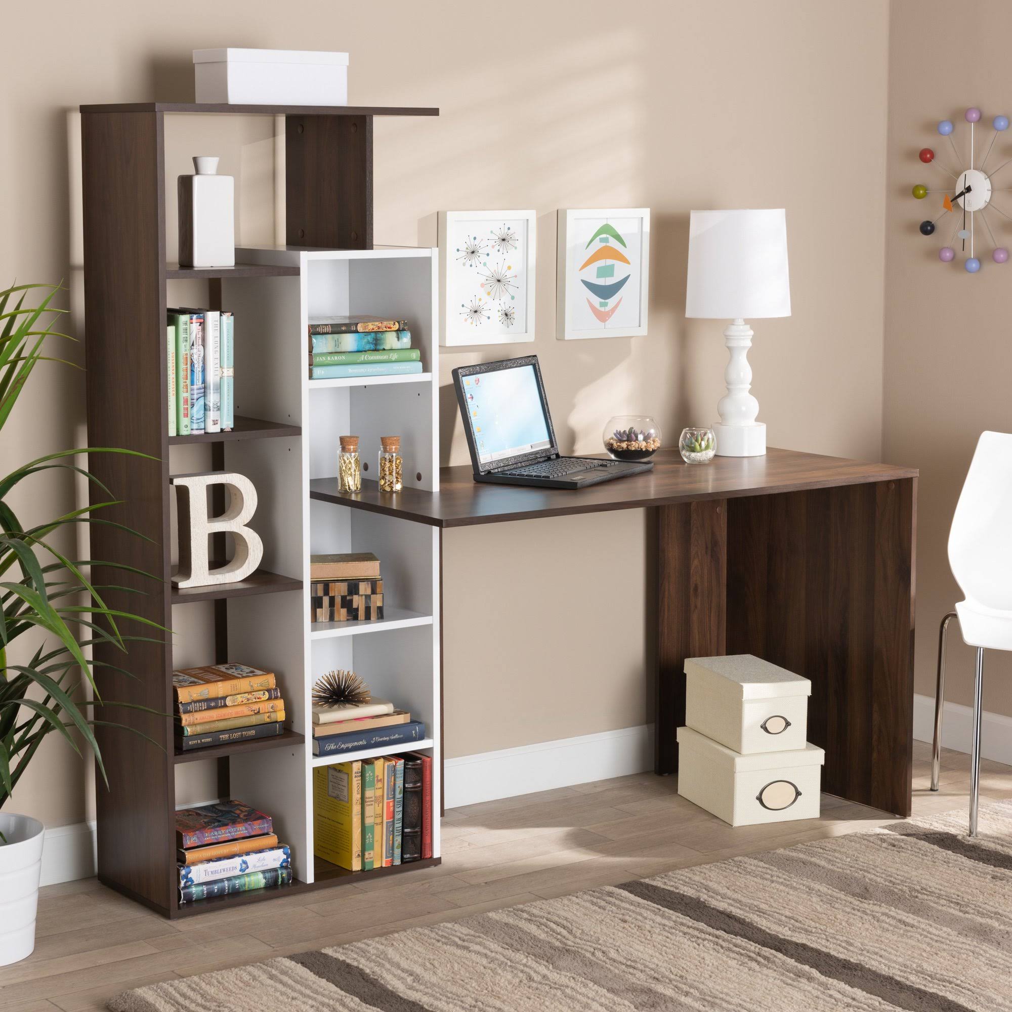 Baxton Studio Rowan Modern and Contemporary Two-Tone Finished Wood Storage Computer Desk with Shelves White u0026 Walnut Brown
