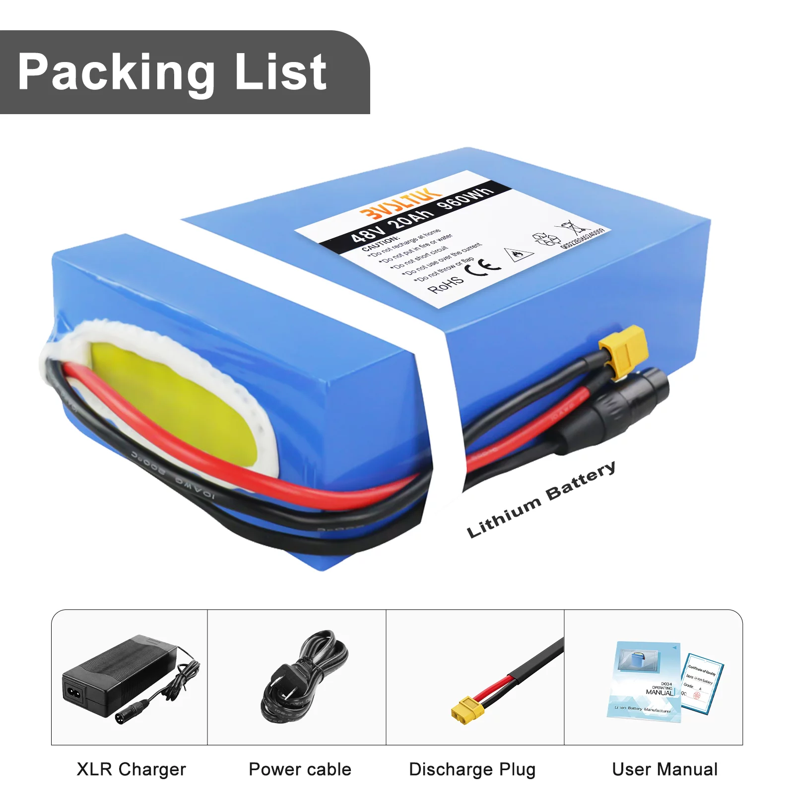 BVSLTUK 48V Battery 20AH Lithium Battery Pack for Ebike, Scooter, Go Kart and Other Motors 2000W 1800W 1500W 1200W 1000W 750W 500W Waterproof PVC Ebike Battery(W/50 ABMS, 3A Charger)