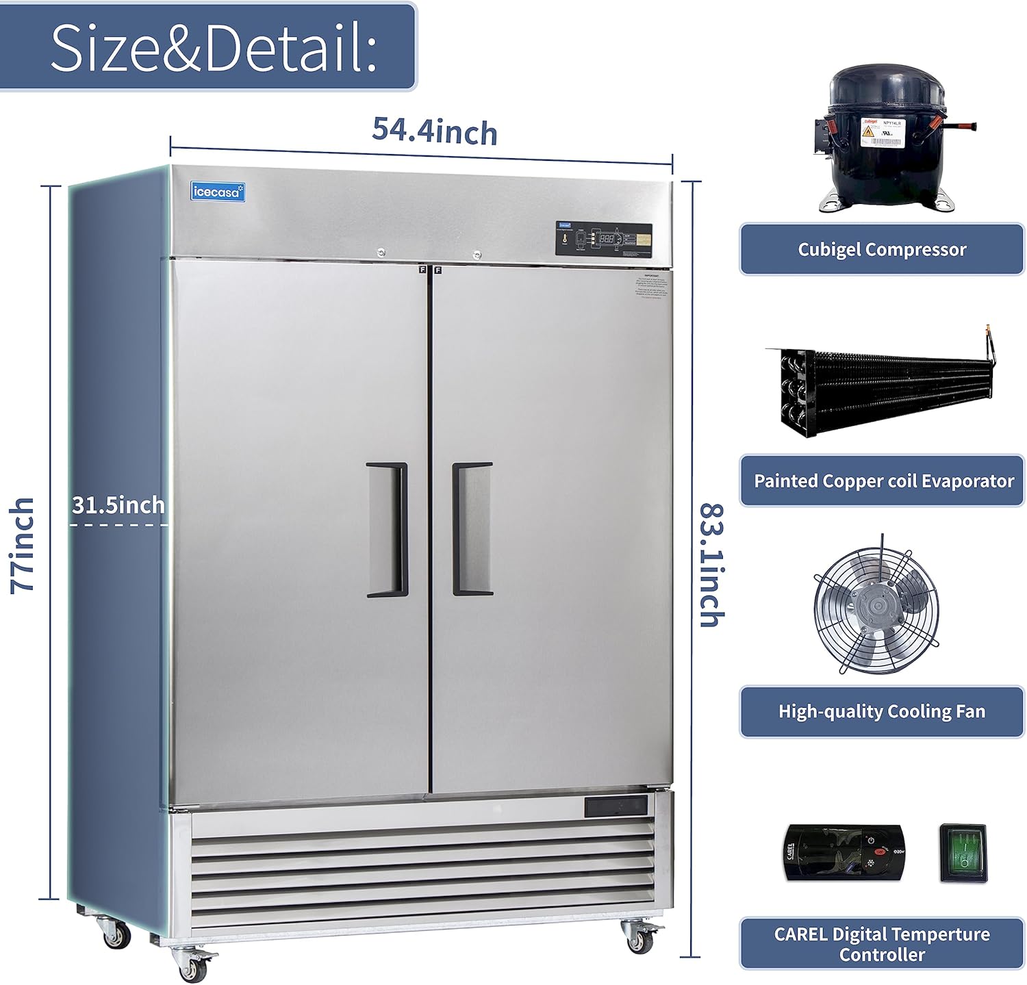 54"Commercial Freezer with 2 Solid Door Reach-in 49 Cu.ft Stainless Steel Commercial Freezer Fan Cooling for Restuarant, Bar, Shop, etc