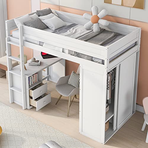 Full Size Loft Bed with Storage Wardrobe and Desk Wooden Loft Beds Frame with Drawers and Cabinet Wood High Loft Beds with Ladder for Kids Teens Adults, White